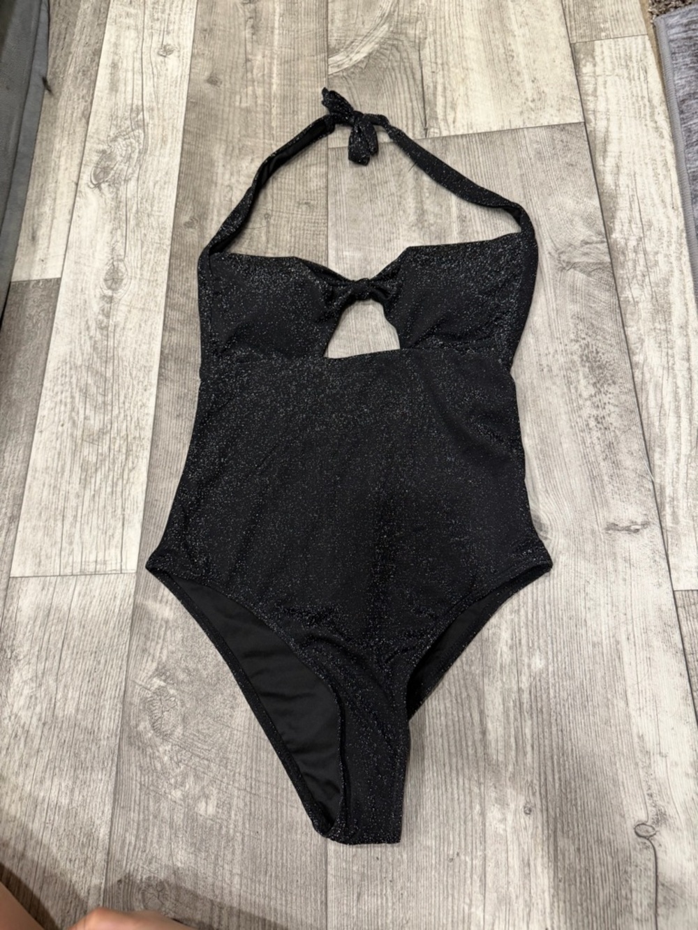 Shimmery Black Halter One-Piece Swimsuit with Keyhole